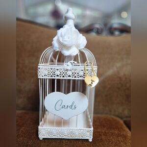 NWOT White Decorative Birdcage Card Holder With Lock And Key